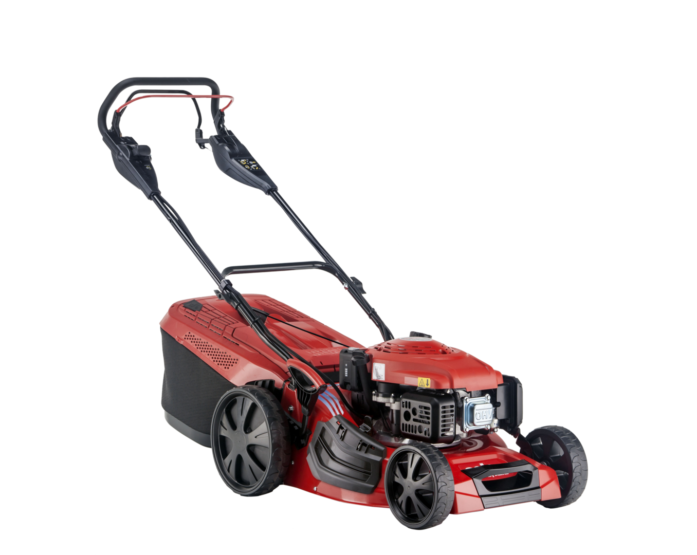 Ein roter Rasenmäher mit Radantrieb